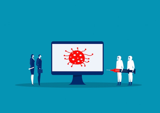 business and man in hazmat suit learn on laptop computer about  coronavirus