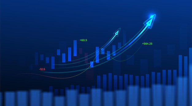 business candle stick graph chart of stock market investment trading on blue background. bullish point, up trend of graph. economy vector design.
