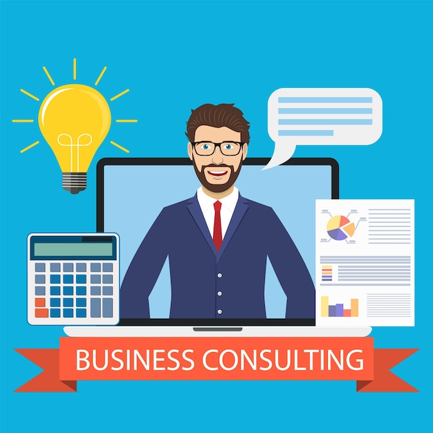 business consulting male business coach in the screen vector illustration in flat style