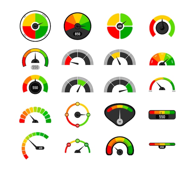 business credit score speedometers cartoon illustration set. indicators with color blocks from red to green, customers satisfaction with service. evaluation, gauge rating meter concept