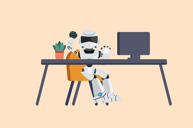 Business design drawing happy robot sitting on workplace with raised one hand high and raised the other Future technology development Artificial intelligence Flat cartoon style vector illustration