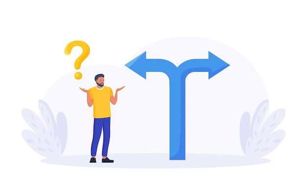business difficult choices confusing man looking at crossroad sign with question mark