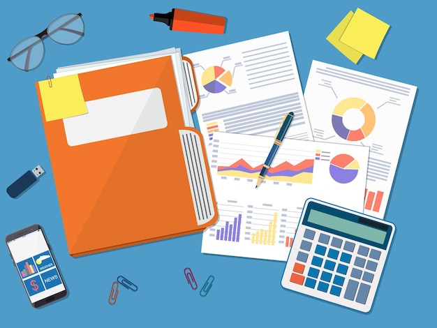 Business document concept. documents folder, financial report with graphs, calculator and pen. 