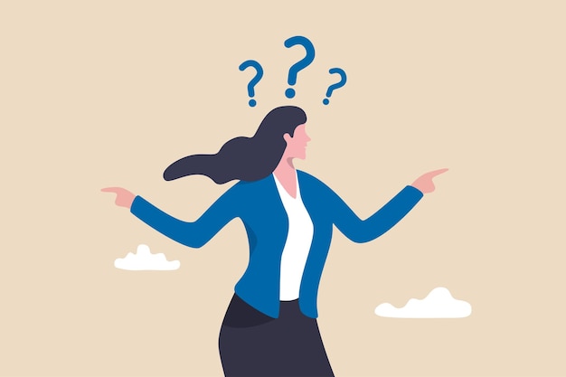 business doubt choice, make decision on work direction, choose career path or option or alternative concept, doubtful businesswoman choosing choice and pointing her finger to left and right direction.