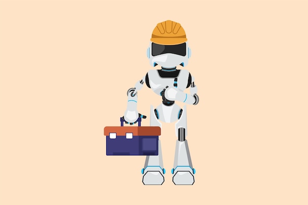Business flat cartoon style drawing robot plumber standing and holding tools box Home decoration services Robotic artificial intelligence Technology industry Graphic design vector illustration