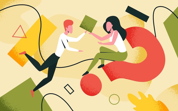 Business geometry teamwork concept   illustration cartoon tiny woman character sitting on big