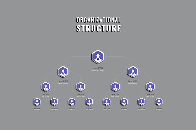 business hierarchy of the company template with violet hexagonal elements on a grey background
