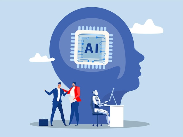 business industry robot factory concept robotic system control put ai processing chip into human