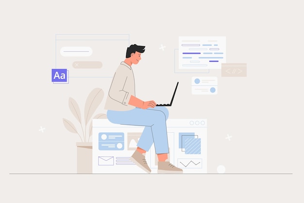 business man smm manager programmer sit on infographic and work on laptop