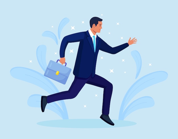 Business man with briefcase running forward fast. Late business person rushing in a hurry to get on time. Short on time before deadline
