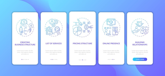 Business management dark blue onboarding mobile app page screen with concepts