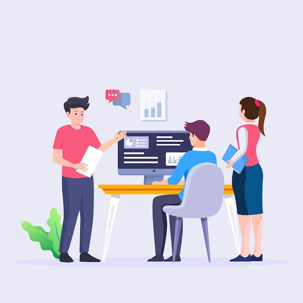 Business meeting Flat people on presentation conference Businessman at project strategy infographic Team seminar vector concept