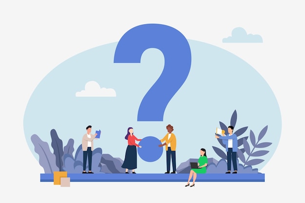 business people asking questions around a huge question mark 2d