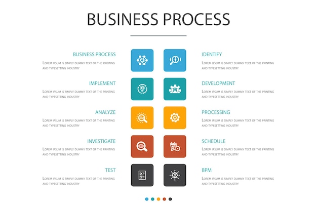 Business process Infographic 10 option concept.implement, analyze, development, Processing simple icons