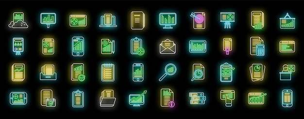 Business report icons set vector neon