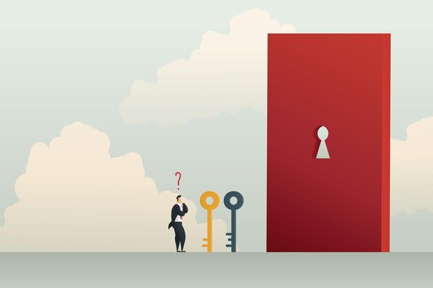 Business solution with businessman chooses key to open  keyhole on red door