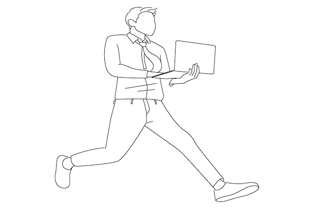 businessmaan jump hold computer run fast isolated white background one line art