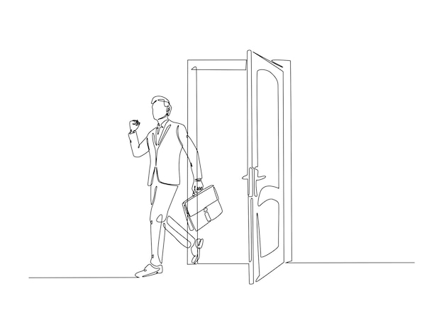 Businessman carrying briefcase in front of door in continuous one line drawing