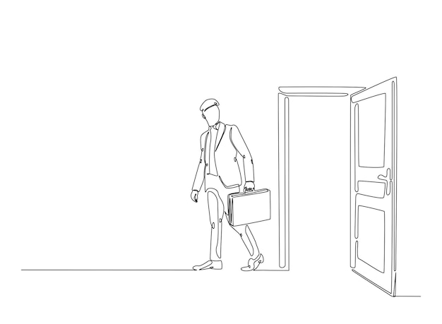 Businessman carrying briefcase in front of door in continuous one line drawing