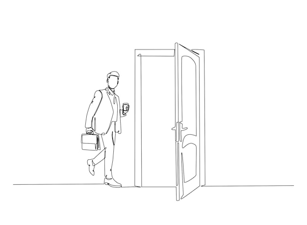 Businessman carrying briefcase in front of door in continuous one line drawing