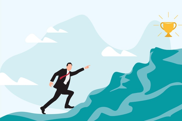 businessman climbs the mountain to get success