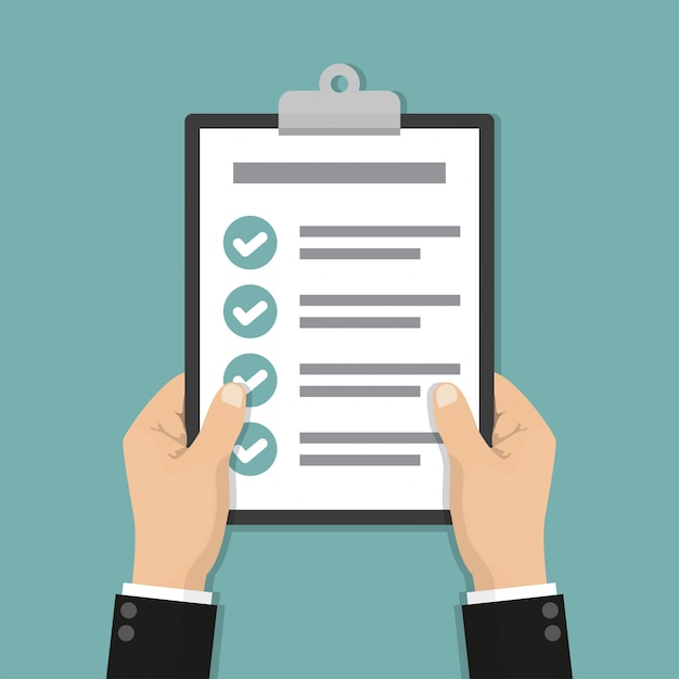 Businessman hands holding clipboard checklist in a flat design