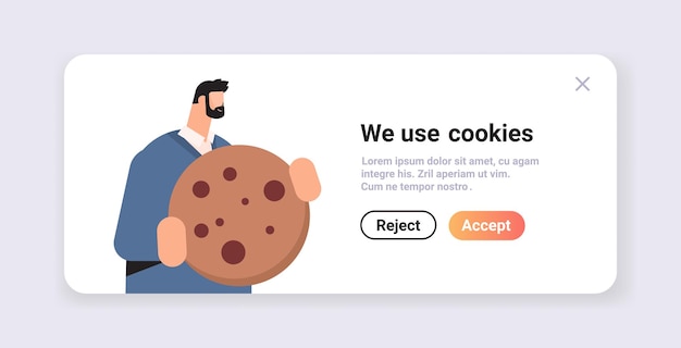 businessman holding cookie protection of personal information internet web pop up we use cookies policy notification concept horizontal portrait copy space vector illustration