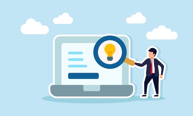 Businessman holding magnifying glass examining light bulb on laptop screen illustration symbolizing idea discovery and internetbased inspiration