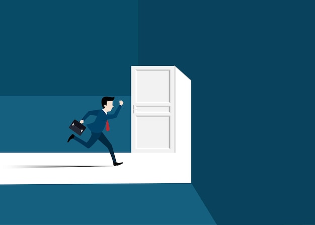 businessman in suit running to the opened door. man opens door looking for work. business success concept. motivation and startup concept. beginning of business career. vector illustration flat design