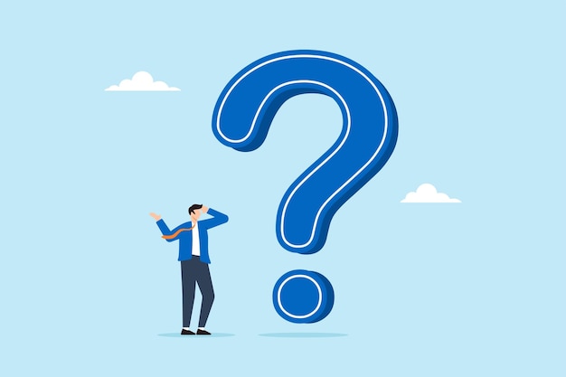 Businessman thinking while looking at big question mark illustrating problem or challenge