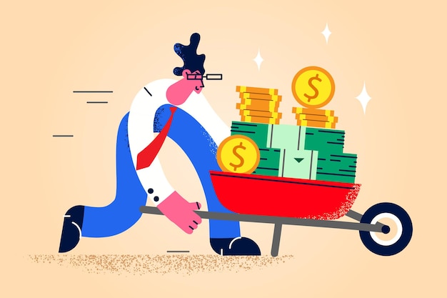 Businessman with cart full of banknotes