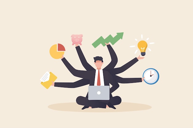 Businessman with many hands in a suit Works simultaneously with several objects multitasking work and time management concept