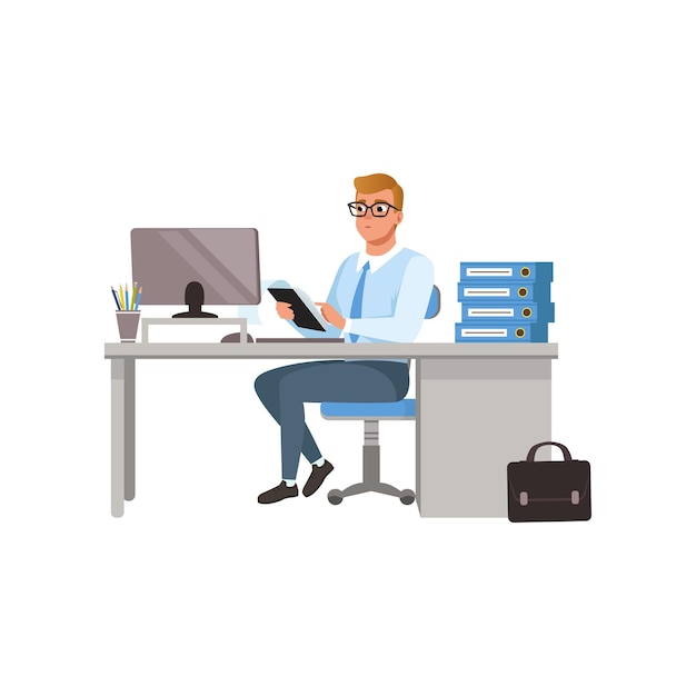 businessman working with laptop computer at his office, people activity, daily routine vector illustration isolated on a white background.