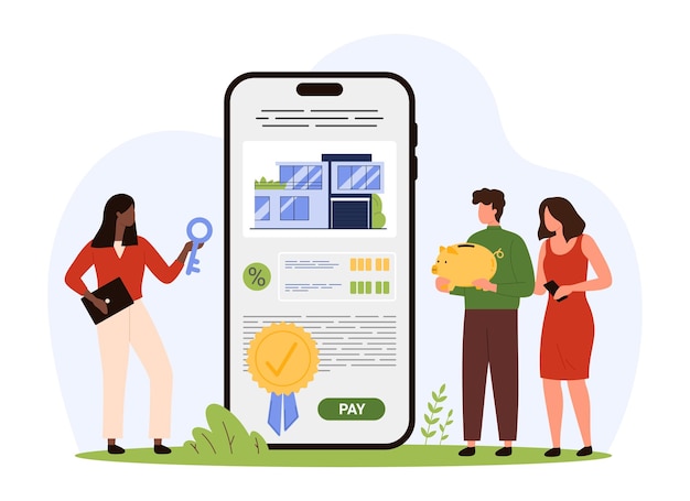 Buy or rent home using mobile app in phone investment in property of tiny family people