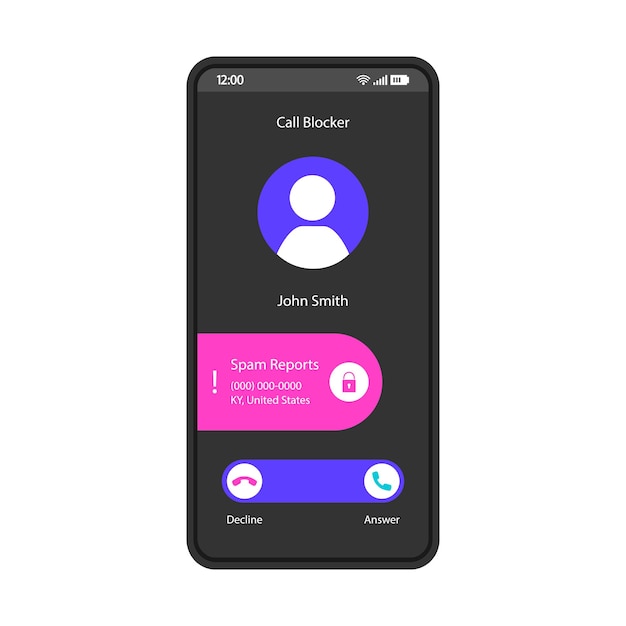 Call blocker smartphone interface vector template Mobile app page black design layout Unwanted incoming calls rejecting screen Flat UI for application Add to blacklist spam Phone display