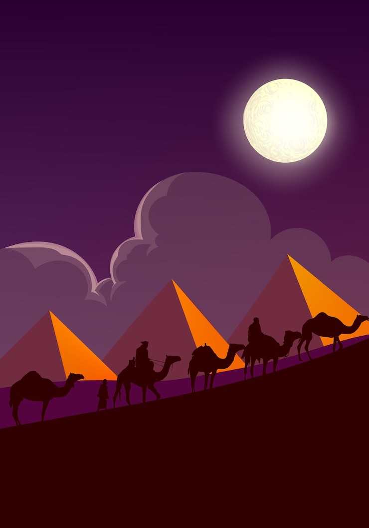 Vektor camel caravan silhouettes going through the desert landsacpe illustration use for islamic design