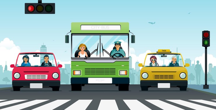 Vektor car and bus stop at the traffic light at the crosswalk
