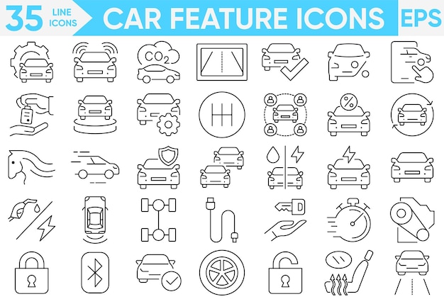 Car Features outline icons set Steering GPS headlights fuel seatbelt tire engine parking sensor