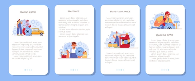 Car repair service mobile application banner set. Automobile's brake