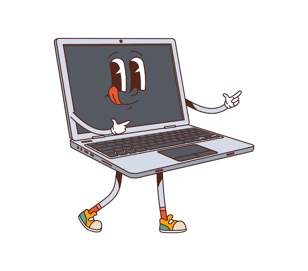Cartoon groovy laptop computer retro character