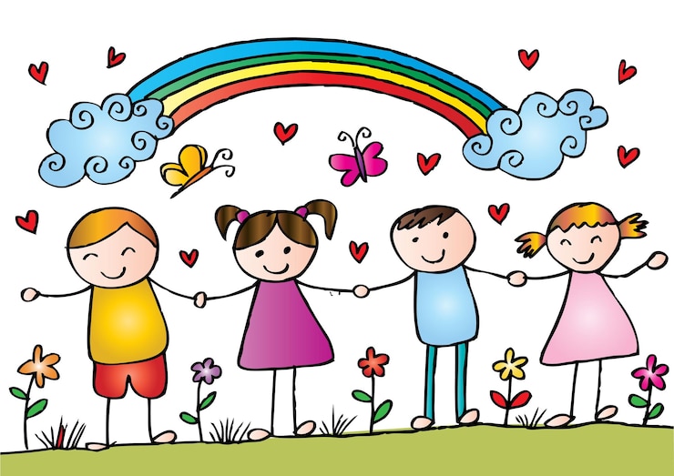 Vektor cartoon happy kids with rainbow
