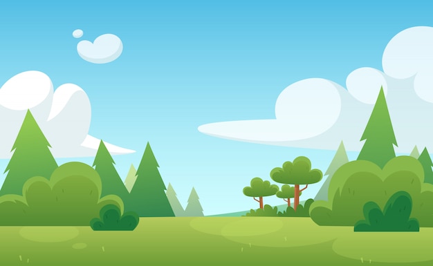 cartoon illustration for game and animation. green forest with blue sky and clouds. landscape.