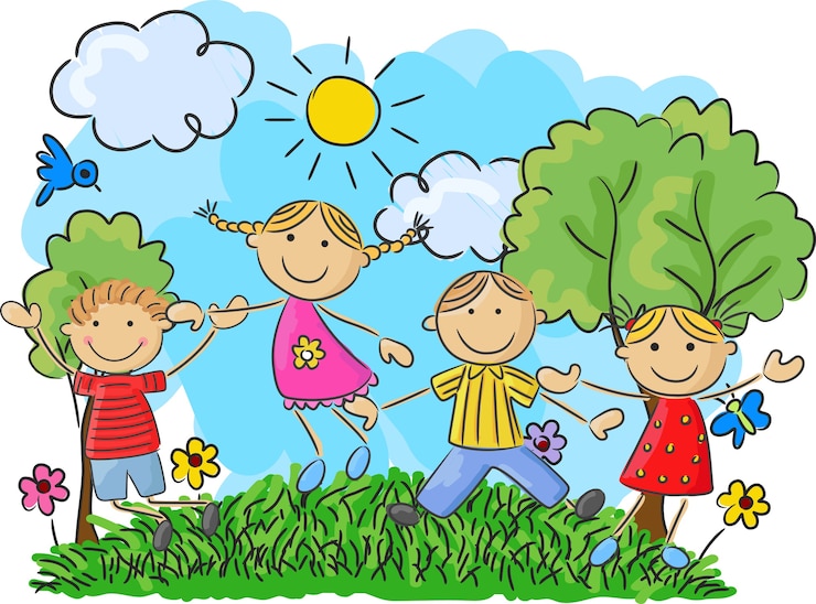 Vektor cartoon little kids jumping and dancing together