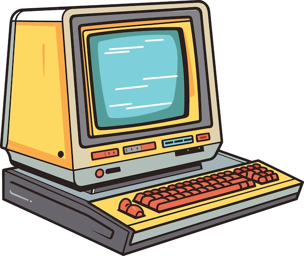 cartoon retro computer monitor with keyboard retro vector illustration kitsch vintage