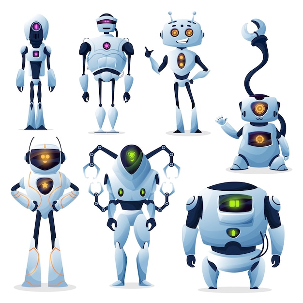 Cartoon robots, cyborg androids and robotic droids, robo technology machines
