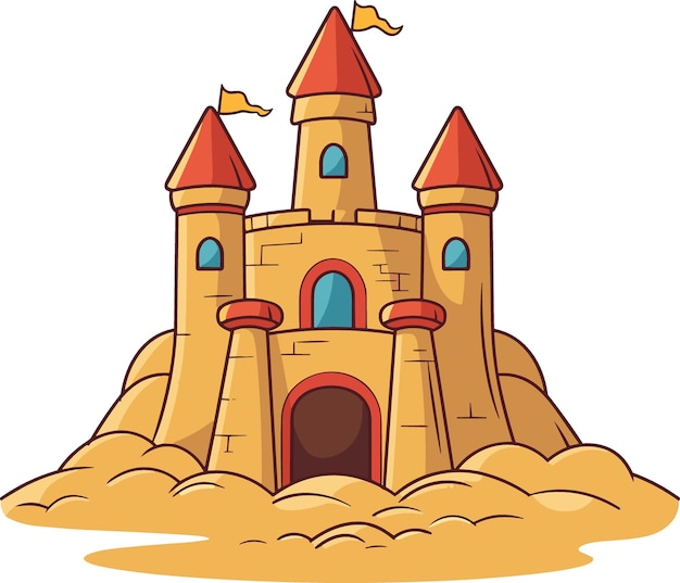 Cartoon sandcastle on the beach happy childhood hobby building vector illustration on white background