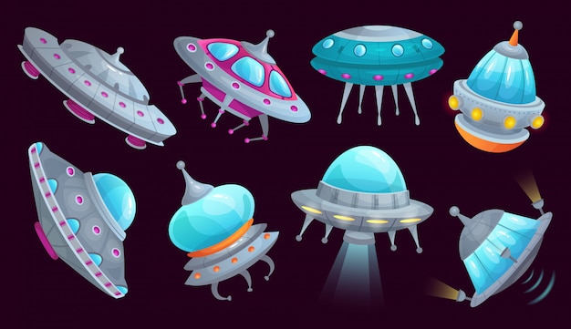 cartoon ufo spaceship. alien spacecraft futuristic vehicle, space invaders ship and flying saucer isolated  set
