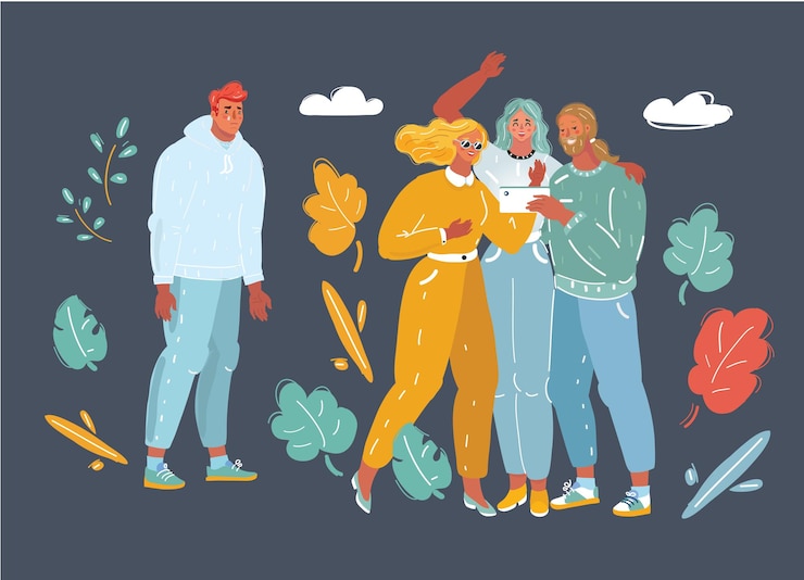 Vektor cartoon vector illustration of frustrated excluded outstand man suffers from bullying having no friends standing alone sad depressed character