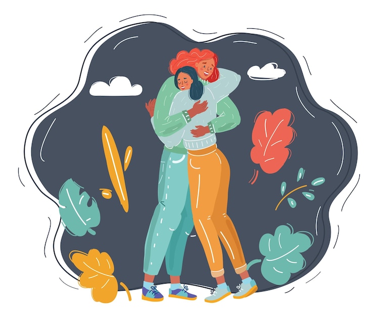 Vektor cartoon vector illustration of picture of two young happy girlfriends hug each other on dark background