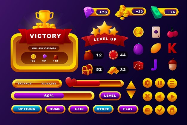casino game cartoon web and mobile user interface design elements progress bar vector game score icons
